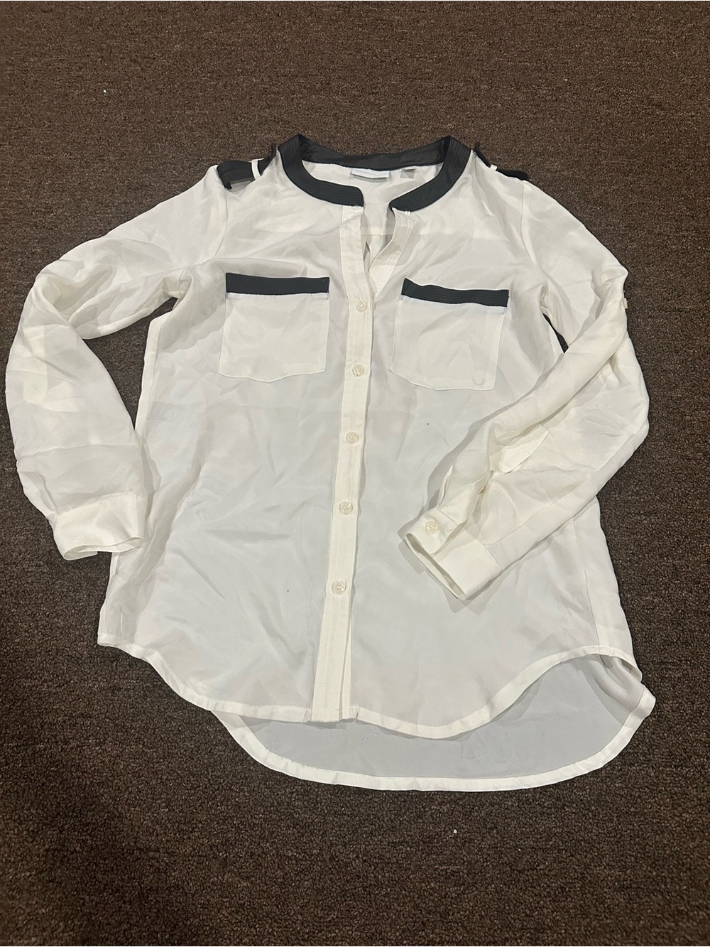 New York & Company White Blouse with Black Trim Collar